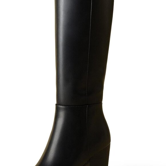 Women's Faux Leather Knee High Boots Pointed Toe Chunky Heel with Zipper - Picture 1 of 7